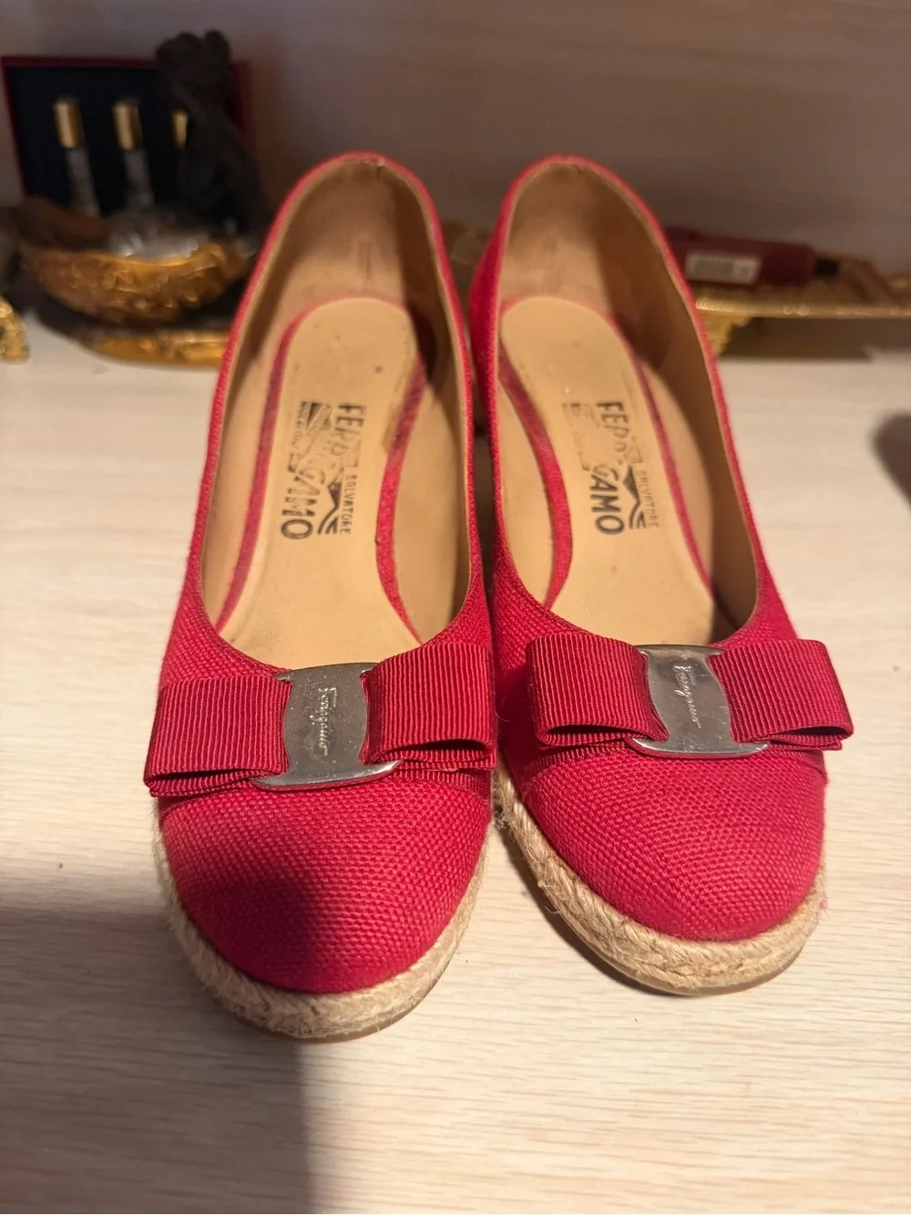 Salvatore Ferragamo Red Canvas Bow Espadrilles